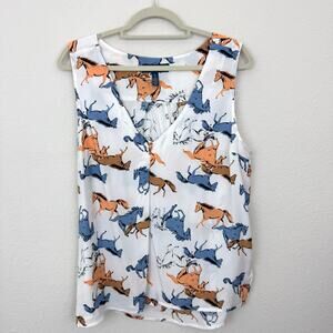 Modcloth White Blouse with Blue and Orange Horse Print